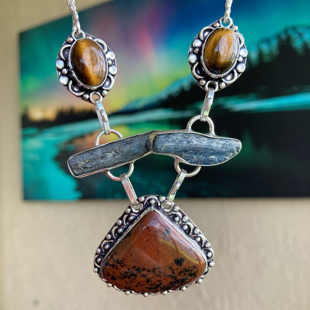 925 sterling silver overlay red jasper tiger eye kyanite gemstone boho necklace - Picture 2 of 16